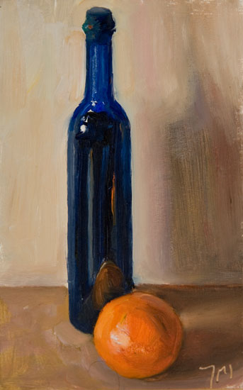 daily painting titled Orange with Blue Bottle