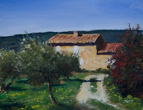 daily painting titled House and Olive Trees