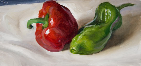 daily painting titled Red Pepper, Green Pepper