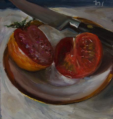 daily painting titled Cut Tomato on a Gold Rimmed Saucer
