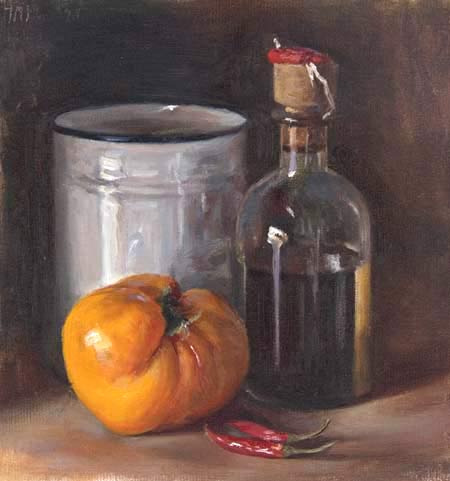 daily painting titled Still Life with Yellow Tomato and Balsamic Vinegar