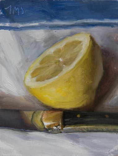 daily painting titled Cut Lemon and Laguiole Knife