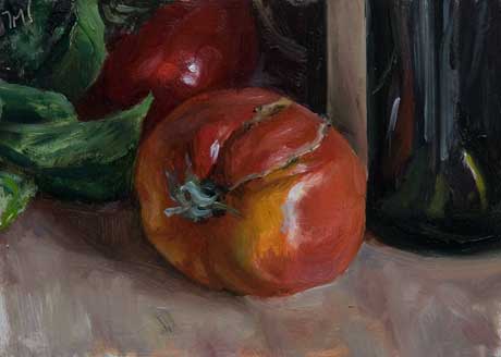 daily painting titled Tomatoes, Basil  and Red Wine