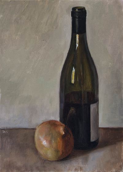 daily painting titled Still life with Red Wine Bottle and Onion