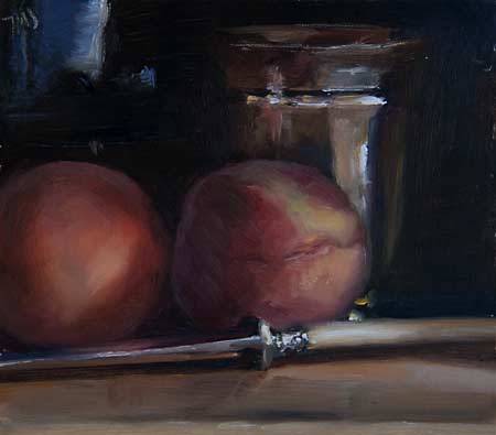 daily painting titled Still life with Peaches, Knife, Goblet and Bowl