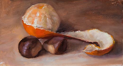 daily painting titled Peeled Clementine and Sweet Chestnuts