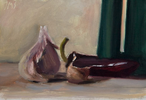 daily painting titled Garlic, Chili Pepper and Jug