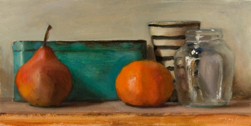 daily painting titled Still Life with Clementine, Pear, Blue Tin, Jar and Candle Stick