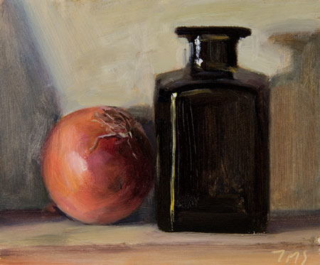 daily painting titled Still life with Bottle and Onion