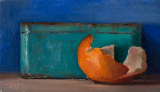 daily painting titled Still Life with Blue Tin and Orange Peel