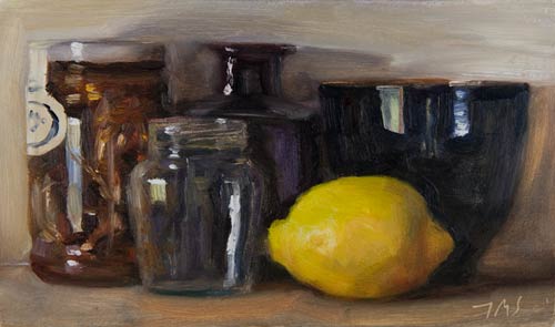daily painting titled Still Life with Anchovies, Lemon, Jar, Bowl and Bottle