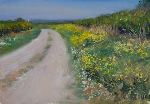 daily painting titled Autumn Road with Wildflowers