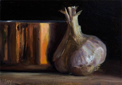 daily painting titled Head of Garlic and Copper Pan