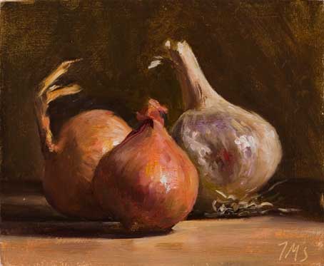 daily painting titled Still Life with Onion, Shallot and Head of Garlic