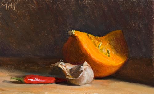 daily painting titled Still life with Squash, Chili and Garlic