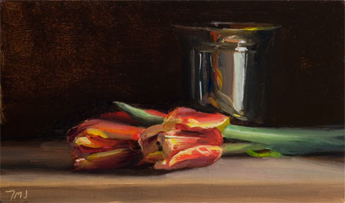 daily painting titled Still Life wih Tulips and Silver Goblet