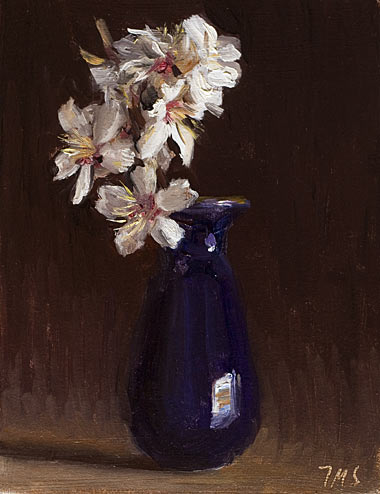 daily painting titled Almond Blossom in a Blue Vase