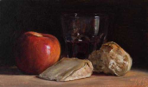 daily painting titled Still Life with Bread, Cheese, Apple and Red Wine