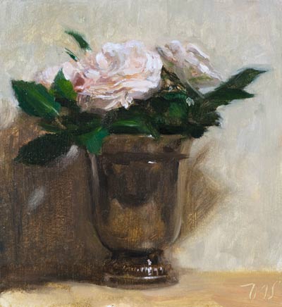 daily painting titled FÃ©licitÃ© Parmentier (Roses in a Silver Cup)