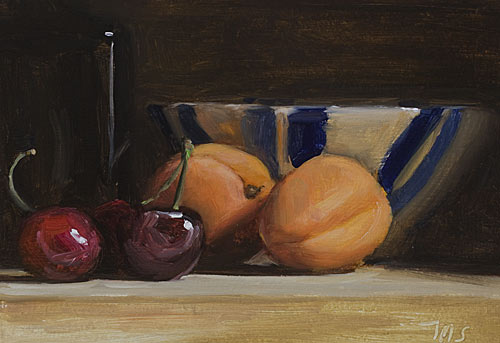 daily painting titled Still Life with Cherries, Apricots, Bottle and Cup