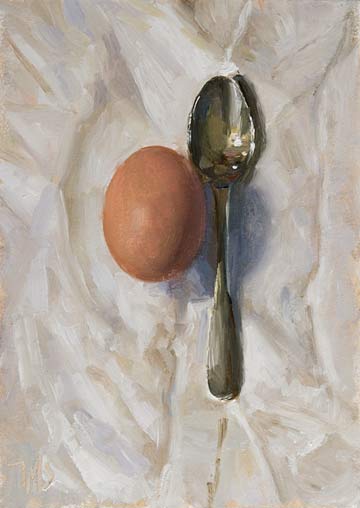 daily painting titled Egg and 	Silver Spoon  on a White Cloth