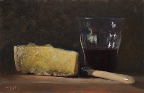 daily painting titled Still Life with Cantal Vieux, Knife and Glass of Wine