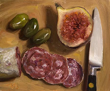 daily painting titled Fig Half, Saucisson, Knife and Olives