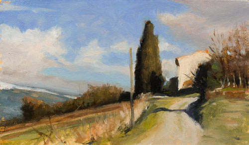 daily painting titled House, cypress tree and distant snow