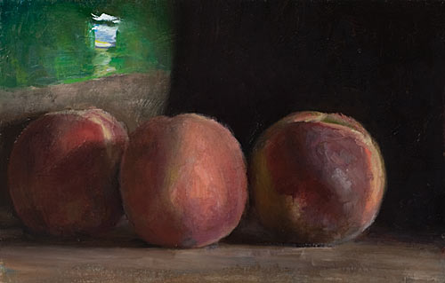 daily painting titled Still life with three peaches and green confit pot