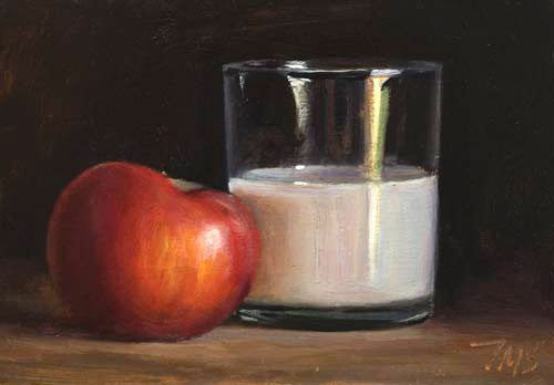 daily painting titled Apple and a glass of milk