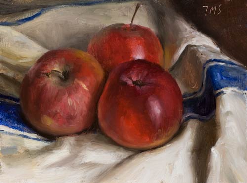 daily painting titled Apples on a French cloth