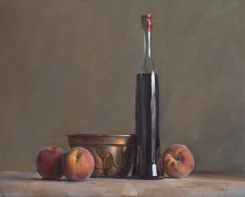 daily painting titled Still Life with peaches, bottle and copper mould