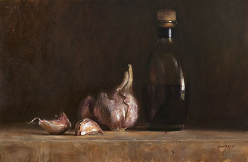 daily painting titled Still life with garlic and balsamic vinegar