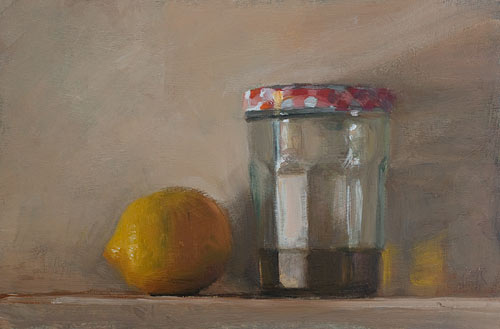 daily painting titled Lemon and jar of olive oil