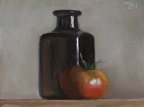 daily painting titled Tomato and bottle