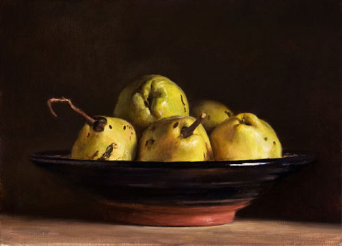 daily painting titled Quinces in a spanish bowl
