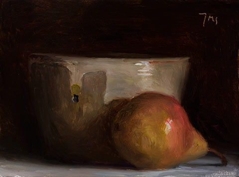 daily painting titled Pear and faisselle pot