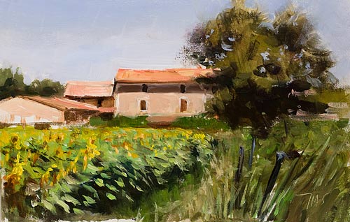 daily painting titled House and sunflowers