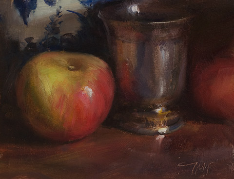 daily painting titled Still life with apples, delft vase and silver goblet