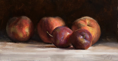 daily painting titled Still life with peaches and plums