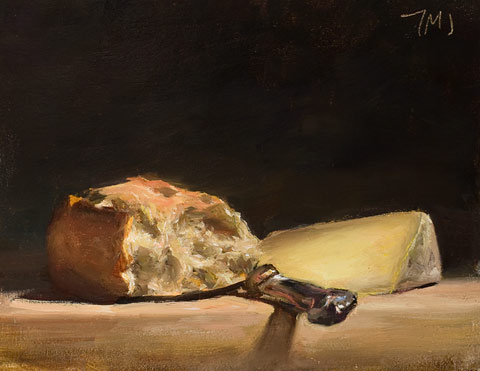 daily painting titled Still life with Bread, cheese and knife