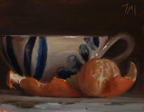 daily painting titled Cup and peeled clementine
