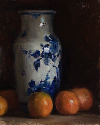 daily painting titled Clementines and Delft vase