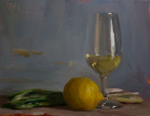 daily painting titled Still life with asparagus, lemon and glass of white wine