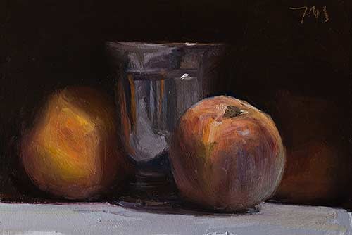 daily painting titled Peaches and silver goblet