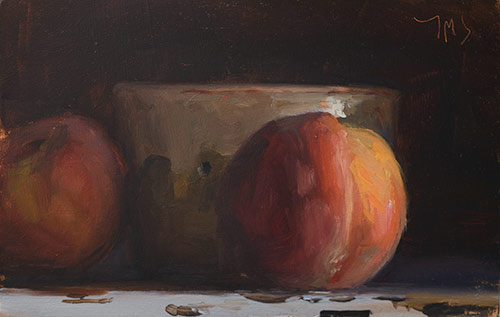 daily painting titled Peaches and faisselle pot