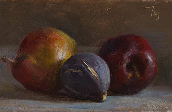 daily painting titled Pear, fig and nectarine