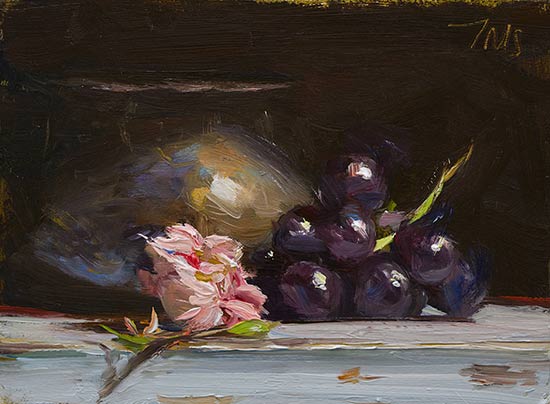 daily painting titled Still life with rose, grapes and pewter bowl