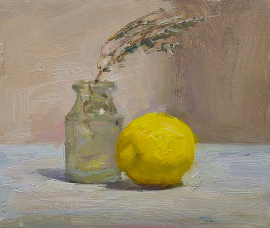 daily painting titled Lemon, bottle and sprig of thyme
