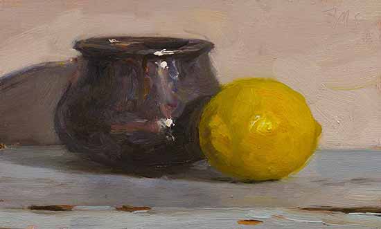 daily painting titled Pewter bowl and lemon